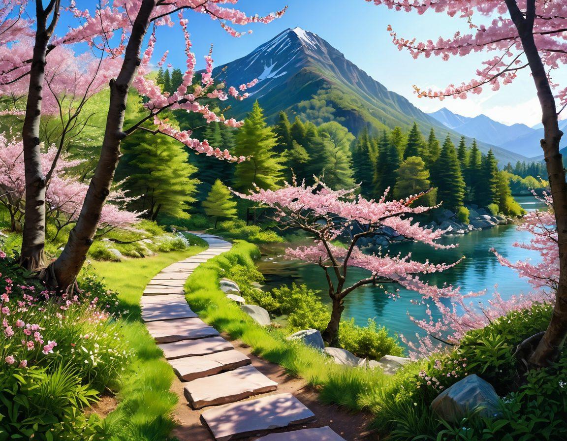 A serene landscape showcasing a winding path leading through a tranquil forest, dappled sunlight filtering through lush green leaves, soft pink cherry blossoms floating in the air, with a distant mountain range symbolizing peace. A meditative figure sitting cross-legged along the path, emanating a calming aura. The colors should be soft and inviting. super-realistic. vibrant colors. tranquil atmosphere.