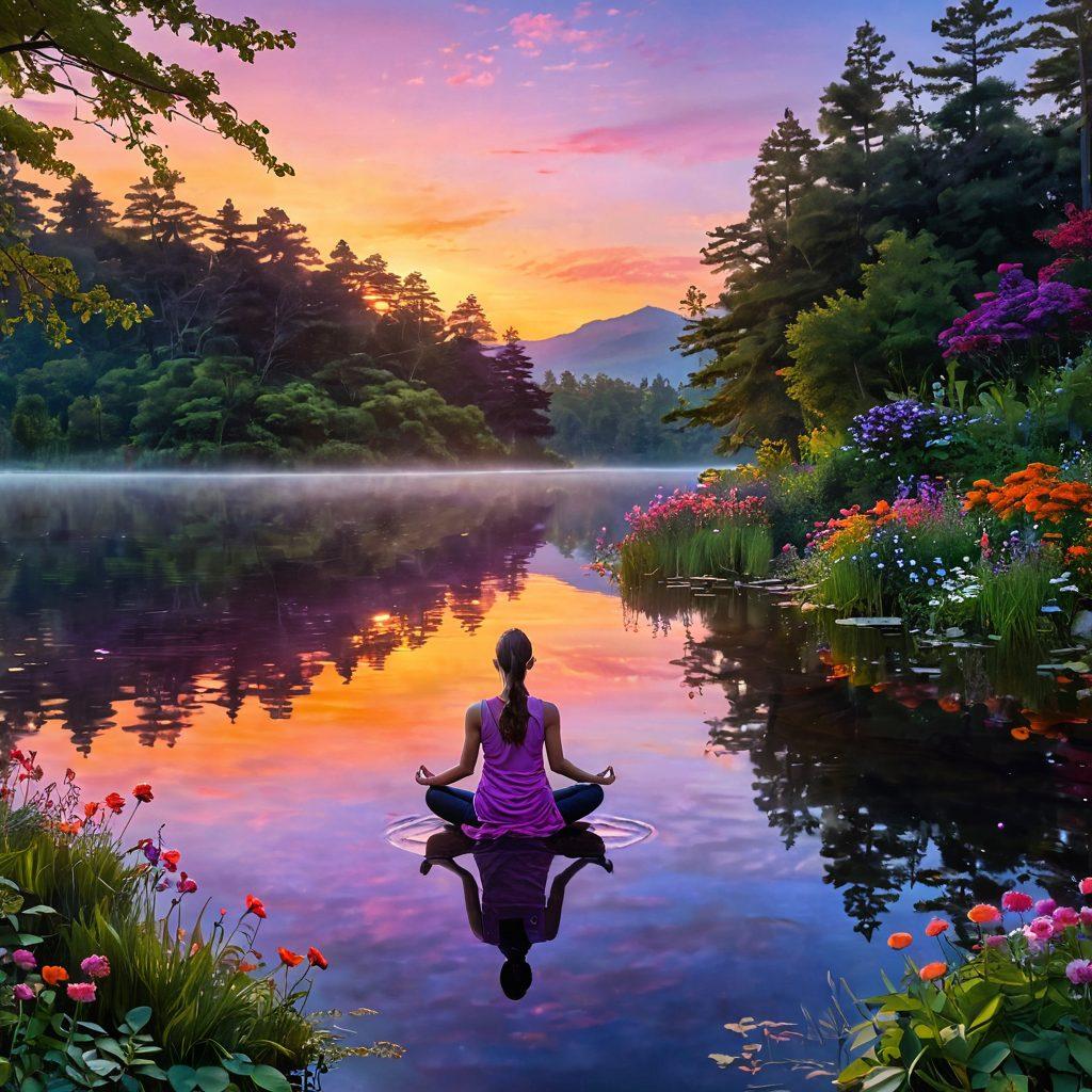 A serene landscape with a vibrant sunrise reflecting hues of orange, pink, and purple across a calm lake, symbolizing joy and new beginnings. In the foreground, a person sitting cross-legged, meditating amidst lush greenery with colorful flowers blooming around. Soft glowing orbs representing happiness gently floating in the air. super-realistic. vibrant colors. natural setting.